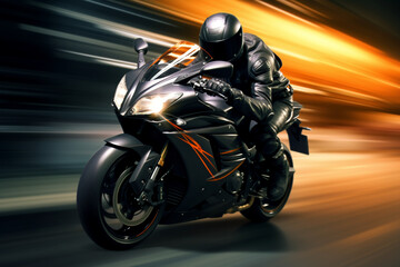 Wall Mural - black motorbike rider at high speed along the highway, 3d rendering , AI generative  