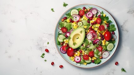 Poster - Plate of colorful healthy salad with avocado, sweet corn, pomegranate, cucumber, red onion, lime, greek yogurt and sunflower seeds on a marble background, top view