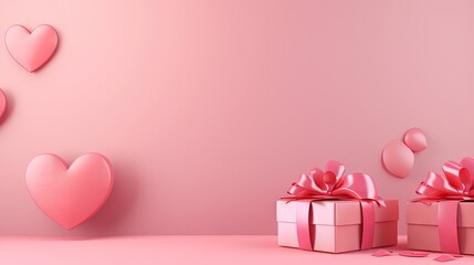 Poster - happy valentine's day banner. heart, gift and box on pink background. space for text. 3D illustration