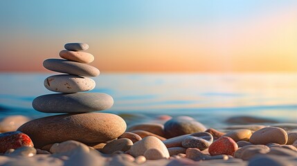 Poster - Balanced pebbles pyramid on the beach on sunny day and clear sky at sunset. Blue sea on background. Selective focus, bokeh. Zen stones on sea beach, meditation, spa, harmony, calm, balance concept.