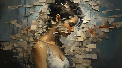  Capture a poignant moment of reflection with a broken human figure surrounded by fragmented memories and remnants of the past. Convey the passage of time and the stories held within each piece. 