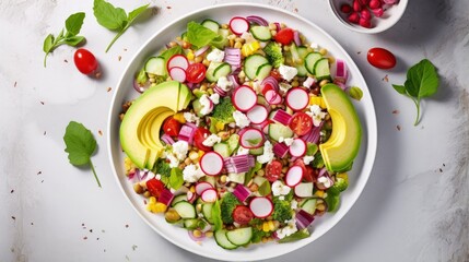 Canvas Print - Plate of colorful healthy salad with avocado, sweet corn, pomegranate, cucumber, red onion, lime, greek yogurt and sunflower seeds on a marble background, top view