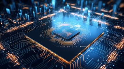 Aufkleber - 3D Rendering of digital binary data on microchip with glow circuit board background. Concept of for deep machine learning, crypto currency, hi tech product uses. Big data visualization, cpu processing