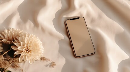 Poster - Mobile phone with blank screen mock up on a neutral beige linen background with aesthetic floral sunlight shadows, minimalist business brand, social media blog template, copy space