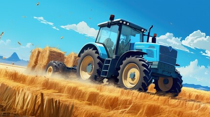 Wall Mural - huge tractor collecting haystack in the field in a nice blue sunny day