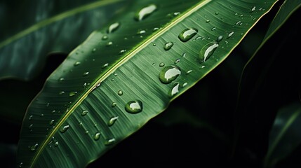Leinwandbilder - drop of water on tropical banana palm leaf, dark green foliage, nature background