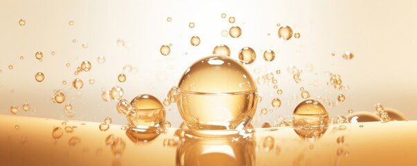 golden yellow Bubbles oil or collagen serum for cosmetic product, 3d rendering, Generative AI