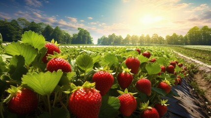 Poster - Strawberry field on fruit farm. Fresh ripe organic strawberry