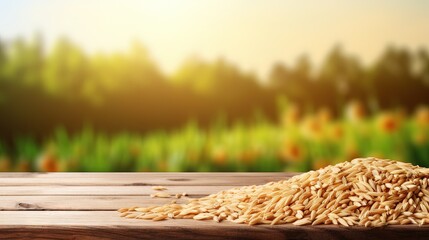 Leinwandbilder - Wooden table top on blur rice field background in daytime.Harvest rice or whole wheat.For montage product display or design key visual layout.View of copy space.