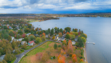 Wall Mural - Aerial view of part of the Canadian countryside with lake in Quebec in the fall