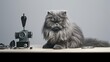 Master of grooming haircut makes gray Persian cat on the table for grooming on a white background