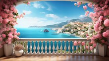 Beautiful View From The Balcony On The Italian Coast, Pink And White Flowers. Blue Sky. Digital Collage, Mural And Mural. Wallpaper. Poster Design. Modular Panel. Illustration For Print. 3d Render