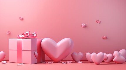 Poster - happy valentine's day banner. heart, gift and box on pink background. space for text. 3D illustration