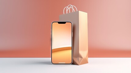 Poster - Online shopping concept. Mobile phone or smartphone with shopping paper bag isolated on white. 3d illustration