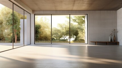 Aufkleber - Modern contemporary empty hall with nature view 3d render overlooking the living room behind the room has concrete floors, plank ceilings and blank white walls for copy space, sunlight enter the room.