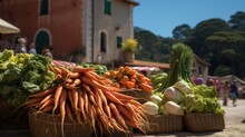 Fresh Carrots On Outdoor Market With Seasonal Local Vegetables And Fruits In Small Portuguese Village Near Sintra