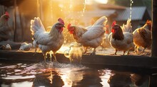 Chickens Are Drinking Water In Close Farm, Temperature And Light Control , Thailand.