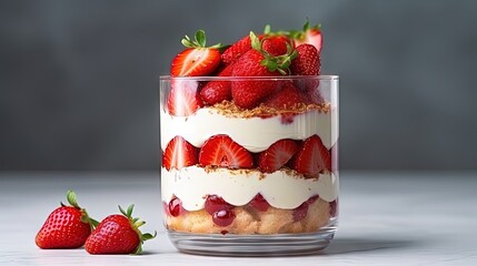 Strawberry trifle dessert with custard, cake crumb and fresh strawberry in glass on marble. Recipe of simple layered dessert with fresh berry and jam. Lactose free cheesecake, vegan dessert tiramisu.