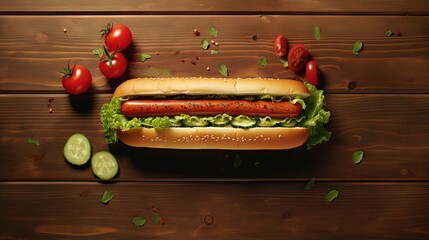 Sticker - Hot dog with pickles, tomato and lettuce on wooden background. Top view