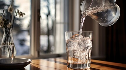 Wall Mural - drinking water pouring from jug into glass with ice on the table against the window indoors