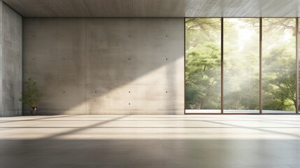 Aufkleber - Modern contemporary empty hall with nature view 3d render overlooking the living room behind the room has concrete floors, plank ceilings and blank white walls for copy space, sunlight enter the room.