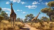 Tall giraffes in the savannah in South Africa. Wildlife conservation is important for all animals living in the wild. Animals walking around a woodland in a safari against a clear, blue sky