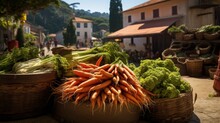 Fresh Carrots On Outdoor Market With Seasonal Local Vegetables And Fruits In Small Portuguese Village Near Sintra