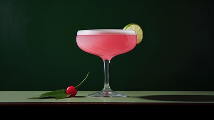 Sticker - Pink lady alcoholic cocktail drink with gin, grenadine syrup, lemon juice and egg white, dark green background, bright hard light and shadow pattern