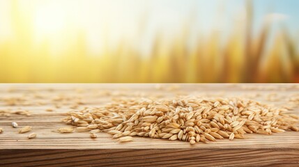 Poster - Wooden table top on blur rice field background in daytime.Harvest rice or whole wheat.For montage product display or design key visual layout.View of copy space.