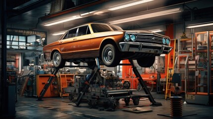 Canvas Print - Car service center. Vehicle raised on lift at maintenance station. Auomobile repair and check up