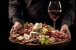 Mans hands holding wine and charcuterie board on black background. Italian antipasti or Spanish tapas