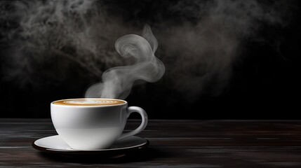 Canvas Print - Close up black hot coffee cup and smoke with latte art foam on black wood table at cafe.dark scene.banner space mock up for adding text