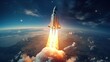 space rocket flies in the starry sky over the amazing blue planet earth and yellow sunset. Spaceship with blast flies into outer space. Travel to other planets concept. Successful start