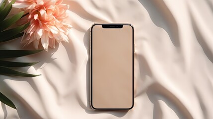Poster - Mobile phone with blank screen mock up on a neutral beige linen background with aesthetic floral sunlight shadows, minimalist business brand, social media blog template, copy space