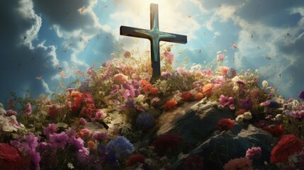 Poster - Cross symbolizing the death and resurrection of Jesus Christ, spring flowers, falling petals and bright sunlight