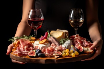 Wall Mural - Womans hands holding wine and charcuterie board on black background. Italian antipasti or Spanish tapas