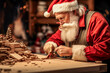 santa claus carpenter in his carpentry creating wooden toys for christmas