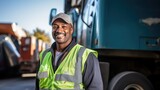 Fototapeta  - A recycling worker stands smiling and looks at the camera next to a garbage truck. Transporting garbage and garbage