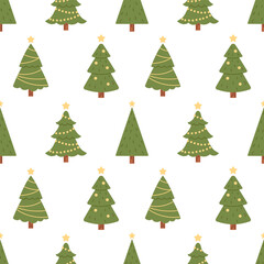 Vector seamless pattern with christmas trees. Fir trees with garlands and balls on white background. New Year and Christmas wrapping design.