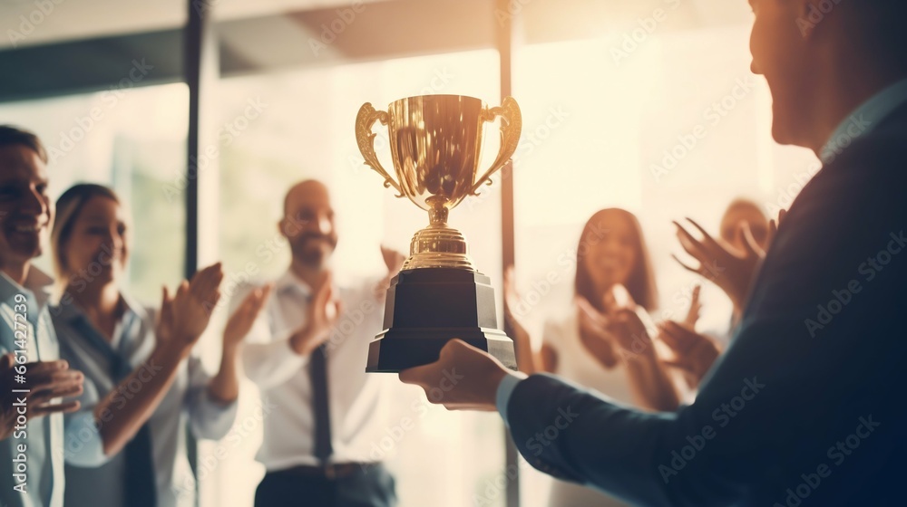Man Holding Golden Prize Cup at Business Team Meeting. Generative ai ...
