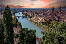 View Of Verona Across The Adige River In Northern Italy