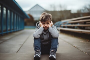 Spanish 9-year-old boy sitting alone in a schoolyard sad and scared. Concept of school bullying and harassment.