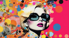 Pop Art Collage 1960s With Beautiful Abstract Woman. Fashionable Design With Colorful Background. Surreal Abstract Geometry. Female Lips And Thoughts. Abstract Collage.