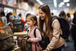 Portrait of Mother and Daughter in a Shopping Mall, Smiling and Trying on Backpacks for School