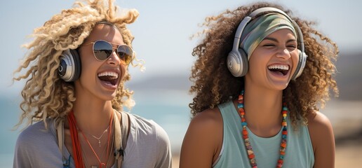 Wall Mural - Young women friends on the beach