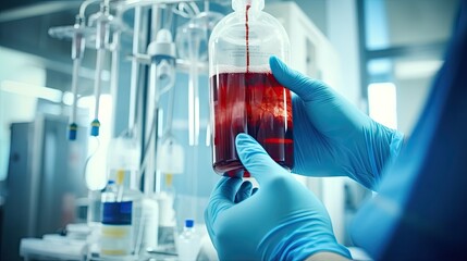 Doctor's hand holding a blood bag in a blood bag analysis laboratory in a hospital blood bank.