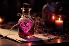 Bottle With Love Potion. Pink Magic Heart Elixir. Design Elements For Valentines Day. Love Vial Aphrodisiac Flask