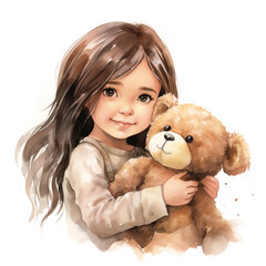 Watercolor illustration of adorable young girl playing with her teddy bear isolated on white background. 