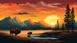 Fototapeta Fototapety z naturą - Scenic view of yellowstone national park with bison during sunrise or sunset, in landscape comic style. 