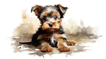 Adorable Yorkshire Terrier Dog Watercolor Illustration.